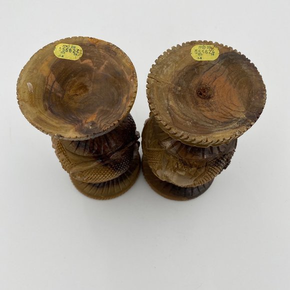 Lot of 2 Vintage Hand Carved Olive Wood Vase Camel Palm Tree Animal Plant Israel - Picture 7 of 9